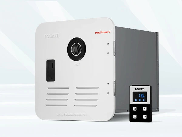 Fogatti RV InstaShower 7 tankless water heater on gray background.