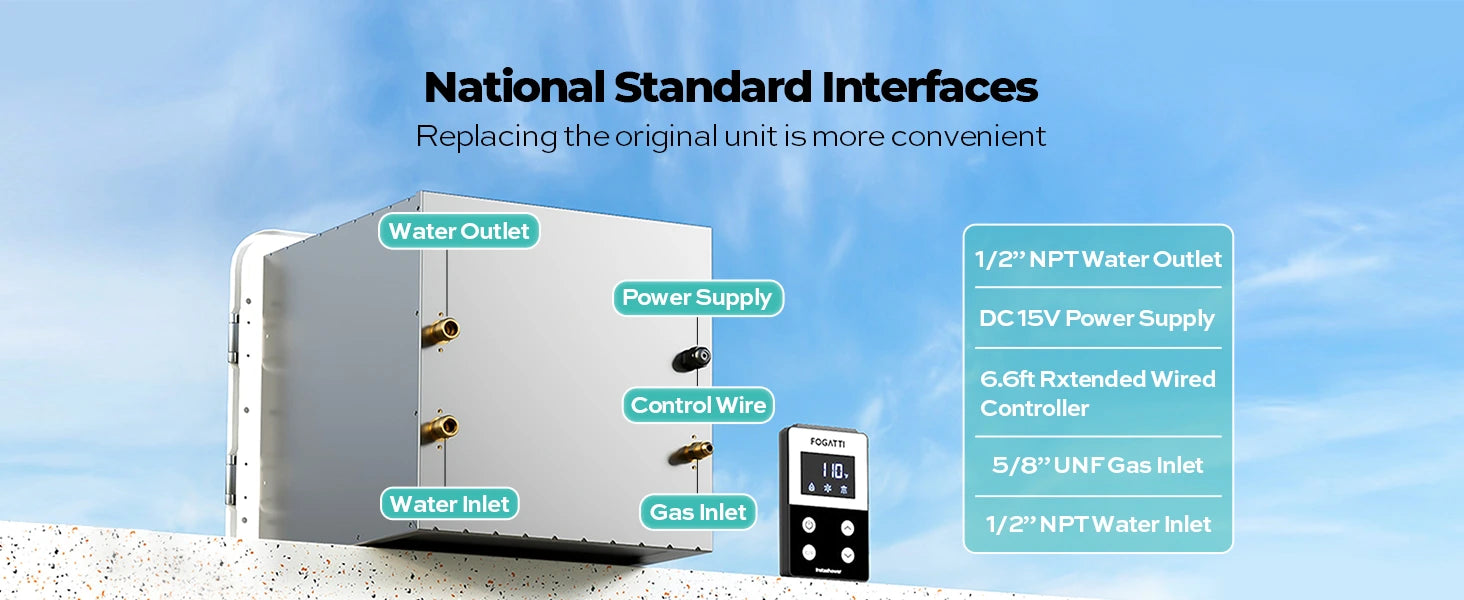Fogatti InstaShower 8 Plus RV Tankless Water Heater with standard RV connections for easy replacement