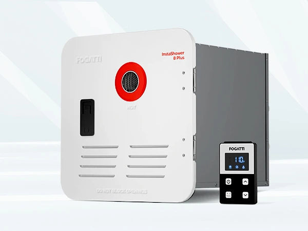 Fogatti RV InstaShower 8 PLUS tankless water heater on gray background.