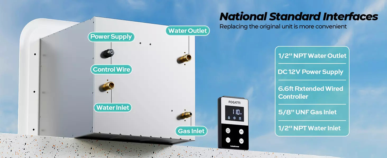 Fogatti InstaShower 9 Pro RV tankless water heater with standard 1/2"NPT and 5/8"UNF connections for easy replacement.