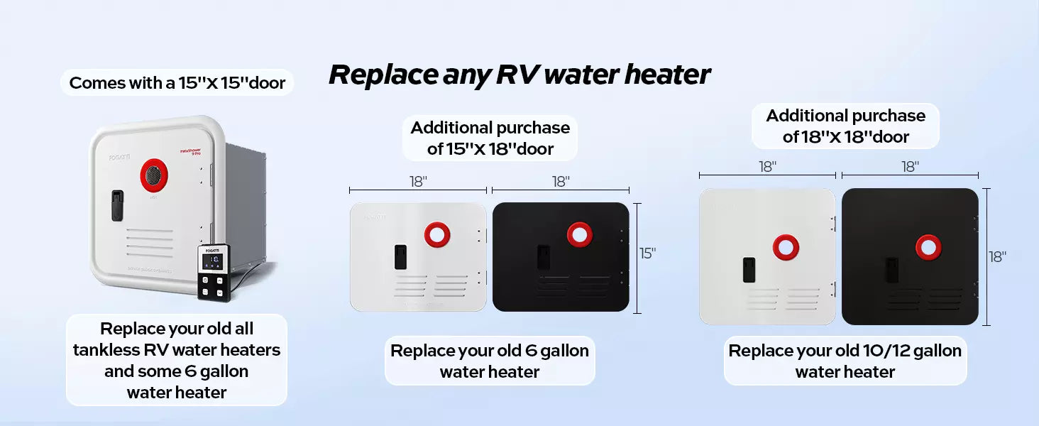 Fogatti InstaShower 9 Pro RV tankless water heater - replacement solution for 6-gallon/older heaters with 15"-18" door options.