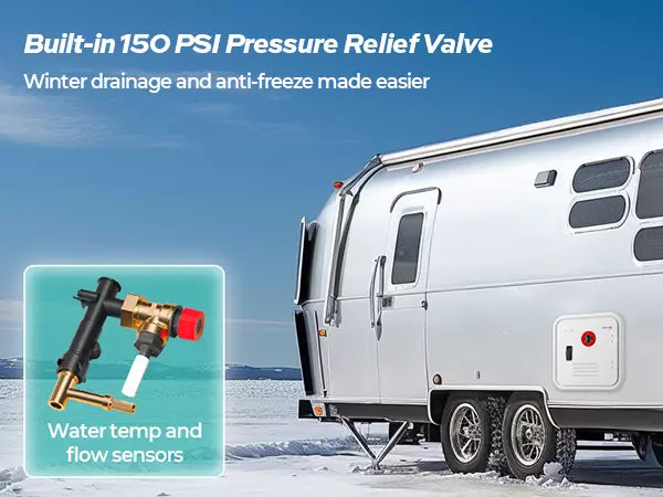 Fogatti 66K BTU RV heater features pressure relief valve, freeze protection, and temperature/flow sensors