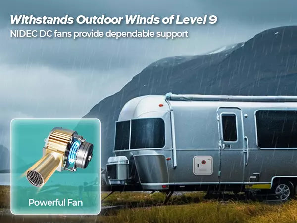 Fogatti InstaShower 9 Pro RV tankless water heater with NIDEC DC fans - withstands level 9 winds for outdoor durability.