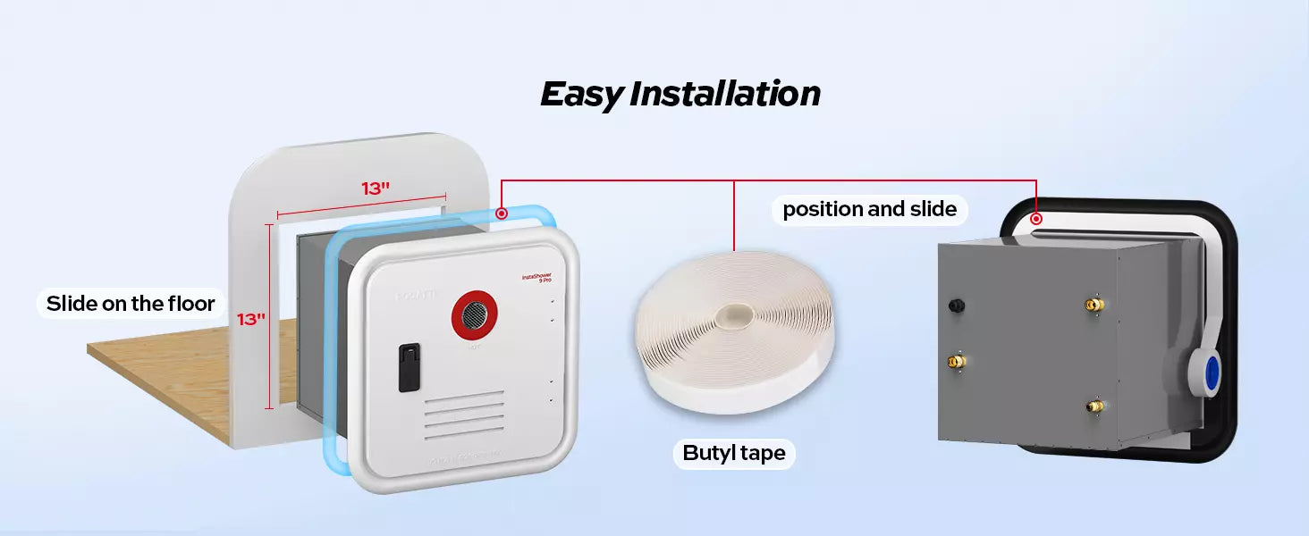 Fogatti InstaShower 9 Pro RV tankless water heater with easy slide-on installation (13" clearance) and butyl tape sealing