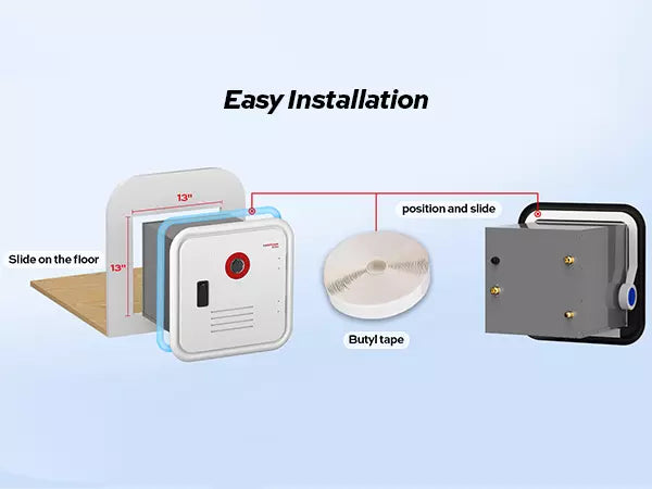 Fogatti tankless water heater features simple 13" slide-on installation with butyl tape