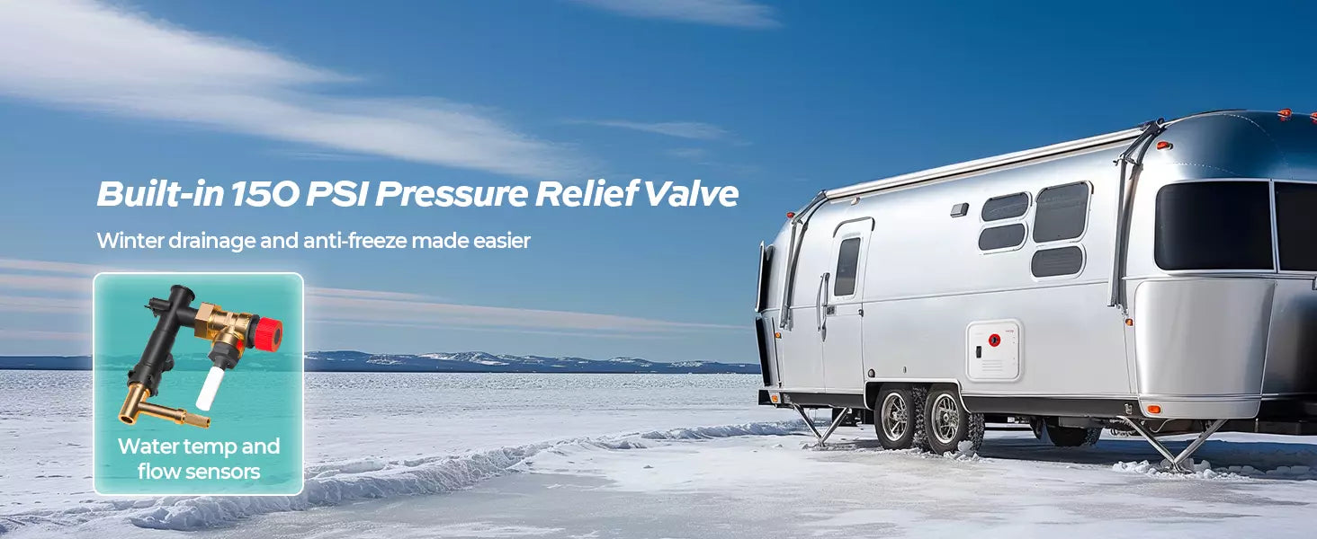 Fogatti InstaShower 9 Pro RV tankless water heater with 150 PSI relief valve, winter drainage, and smart sensors.