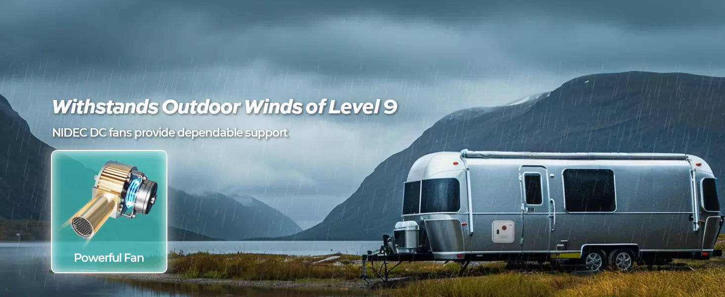 Fogatti 66K BTU RV water heater features wind-resistant NIDEC DC fan system for outdoor use.