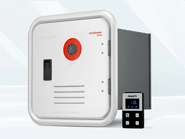 Fogatti RV InstaShower 9PRO tankless water heater on gray background.