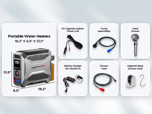 Compact 18.2" Fogatti camp water heater includes shower hose, hook, and magnetic base.