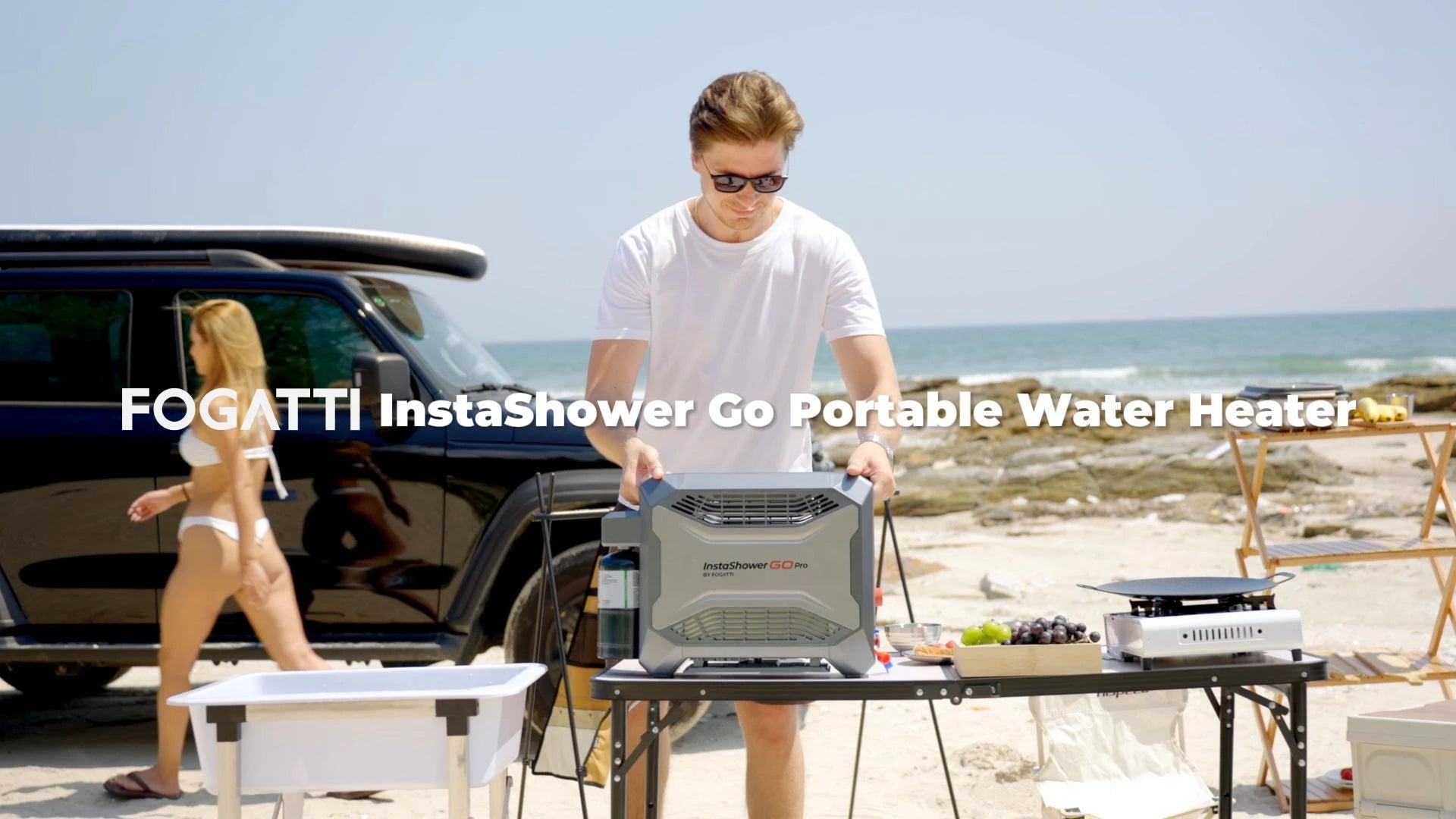 Compact and powerful Fogatti InstaShower Go Pro outdoor water heater for camping needs.