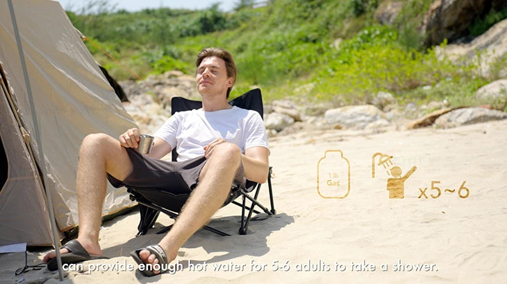 Versatile Fogatti portable water heater ideal for RV trips, beach showers, and backyard cleaning.