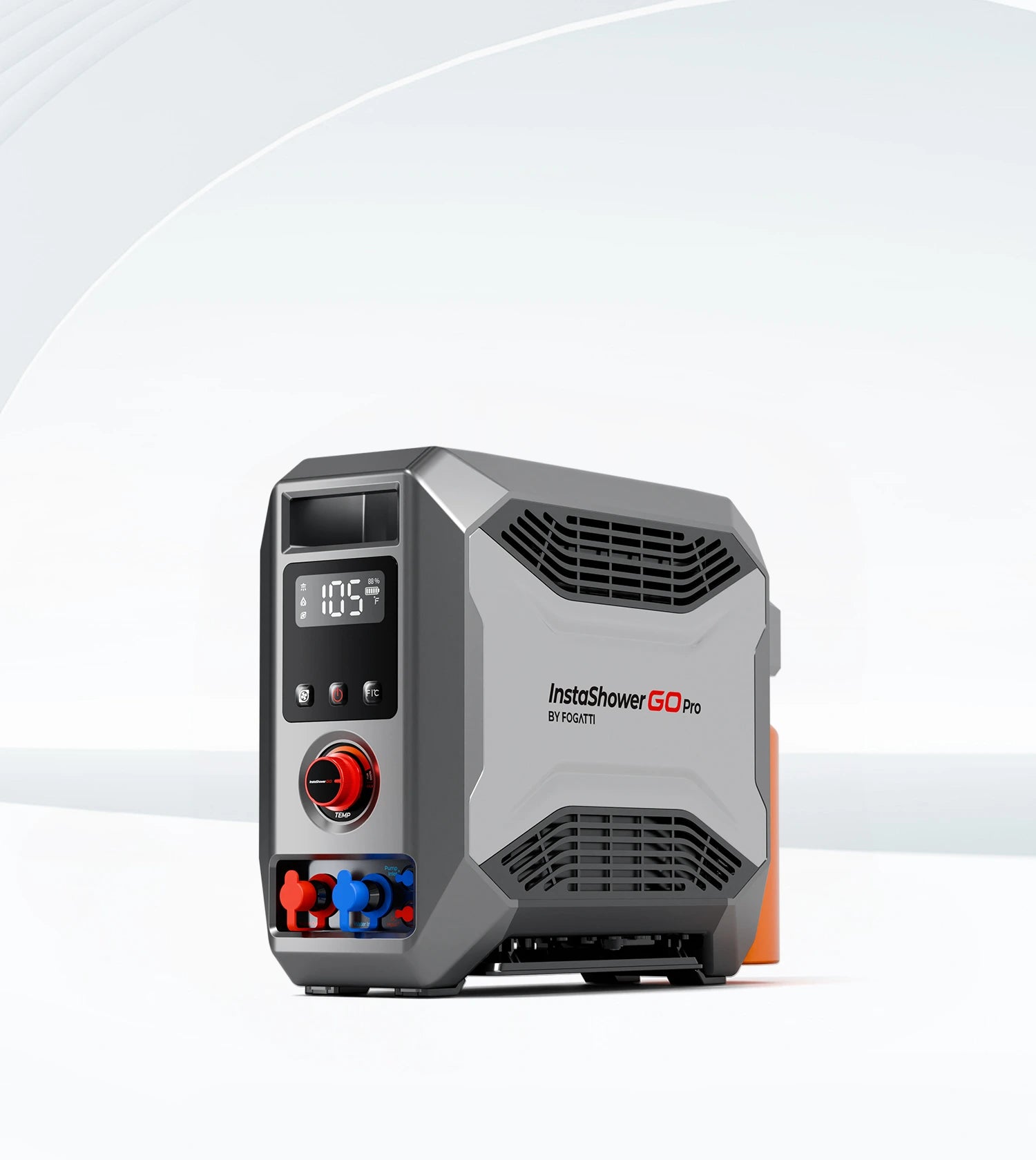 Fogatti outdoor portable water heater on gray background.