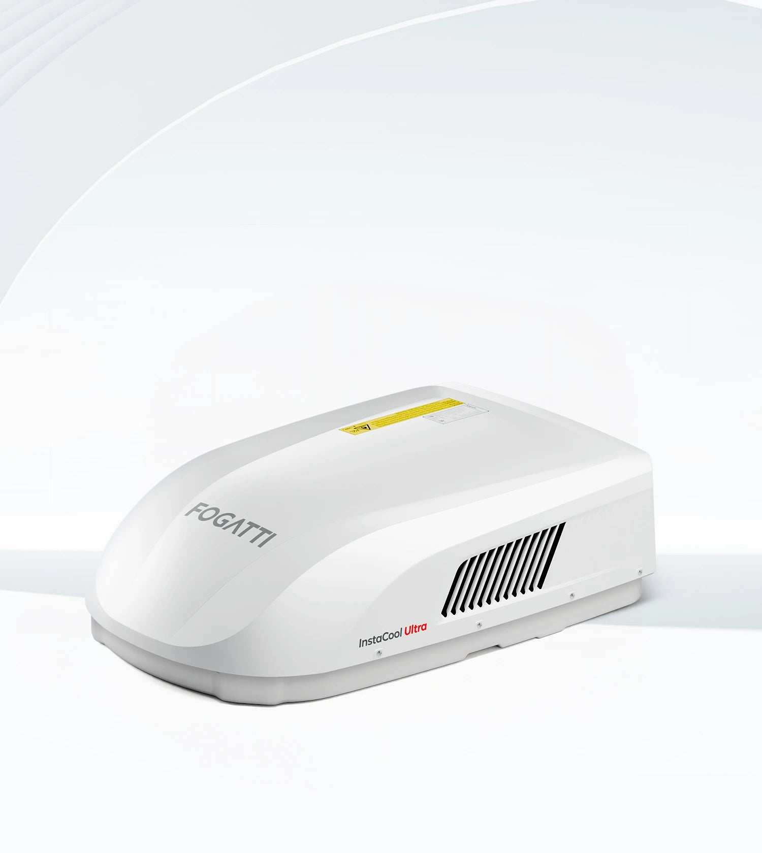 Fogatti RV rooftop air conditioner on gray background.