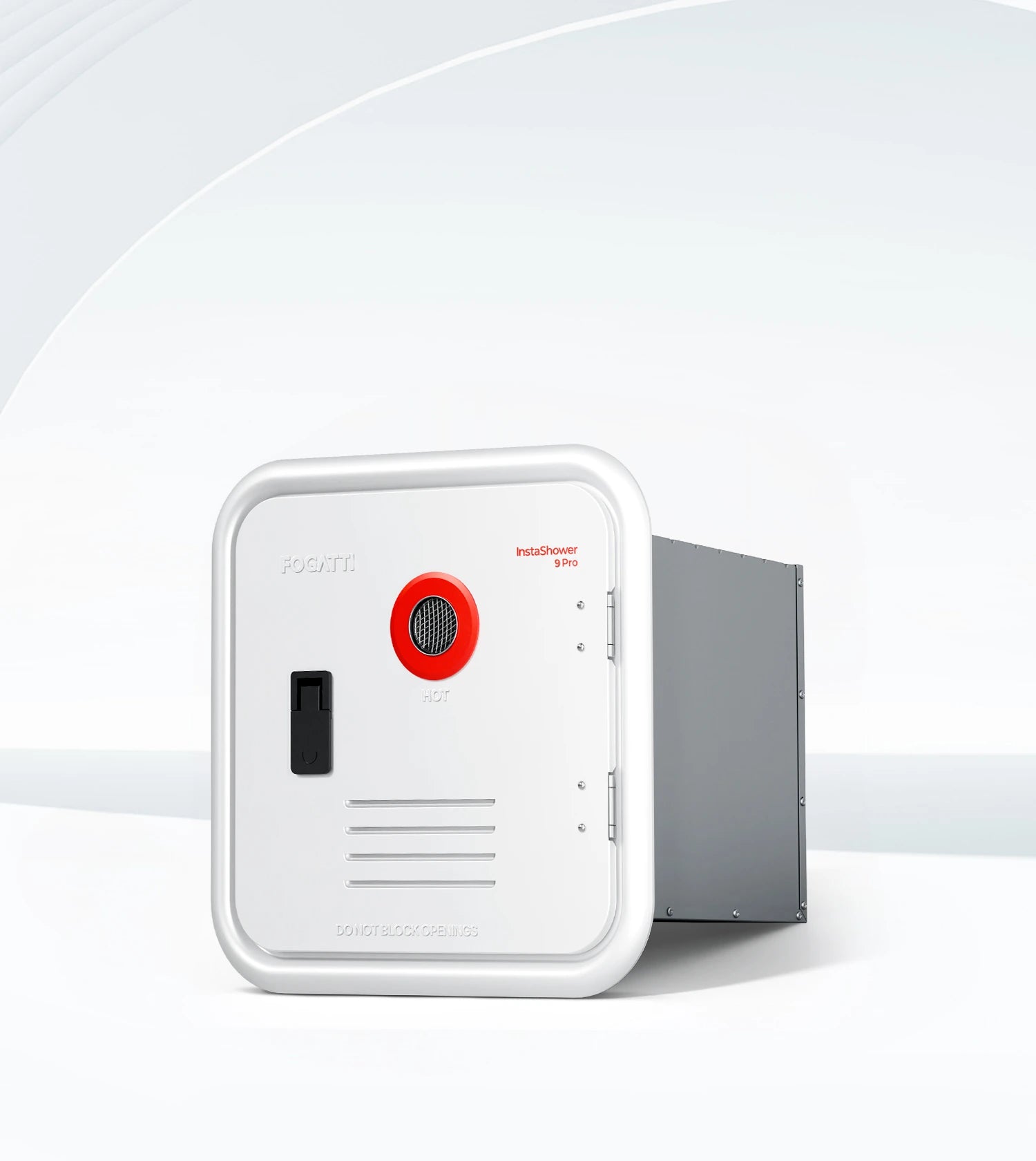 Fogatti RV InstaShower 9 Pro tankless water heater on gray background.