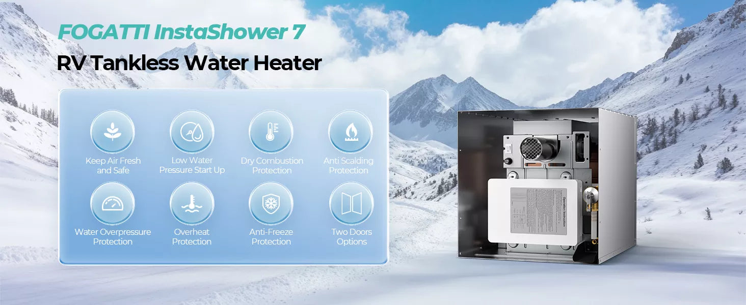 Fogatti InstaShower 7 RV tankless water heater with 48K BTU, low-pressure start, and 8 safety protections.
