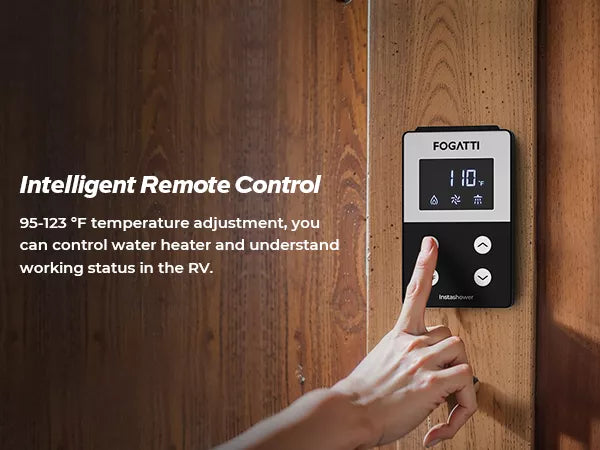 Fogatti tankless RV water heater featuring intelligent temperature control remote.