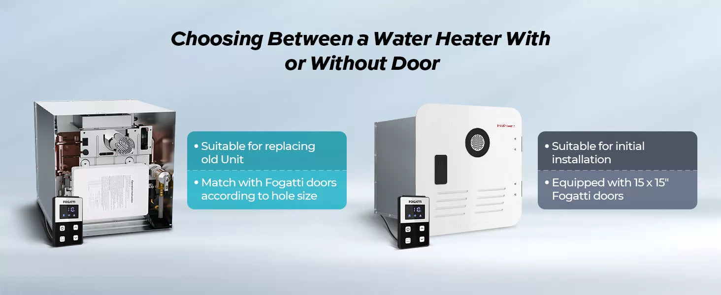 Fogatti InstaShower 7 tankless water heater offers flexible installation - replacement or new setup with 15x15" door option.