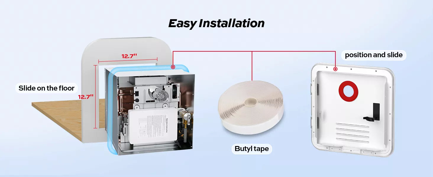 Fogatti InstaShower 7 RV tankless heater with 12.7" compact design and butyl tape for easy installation.