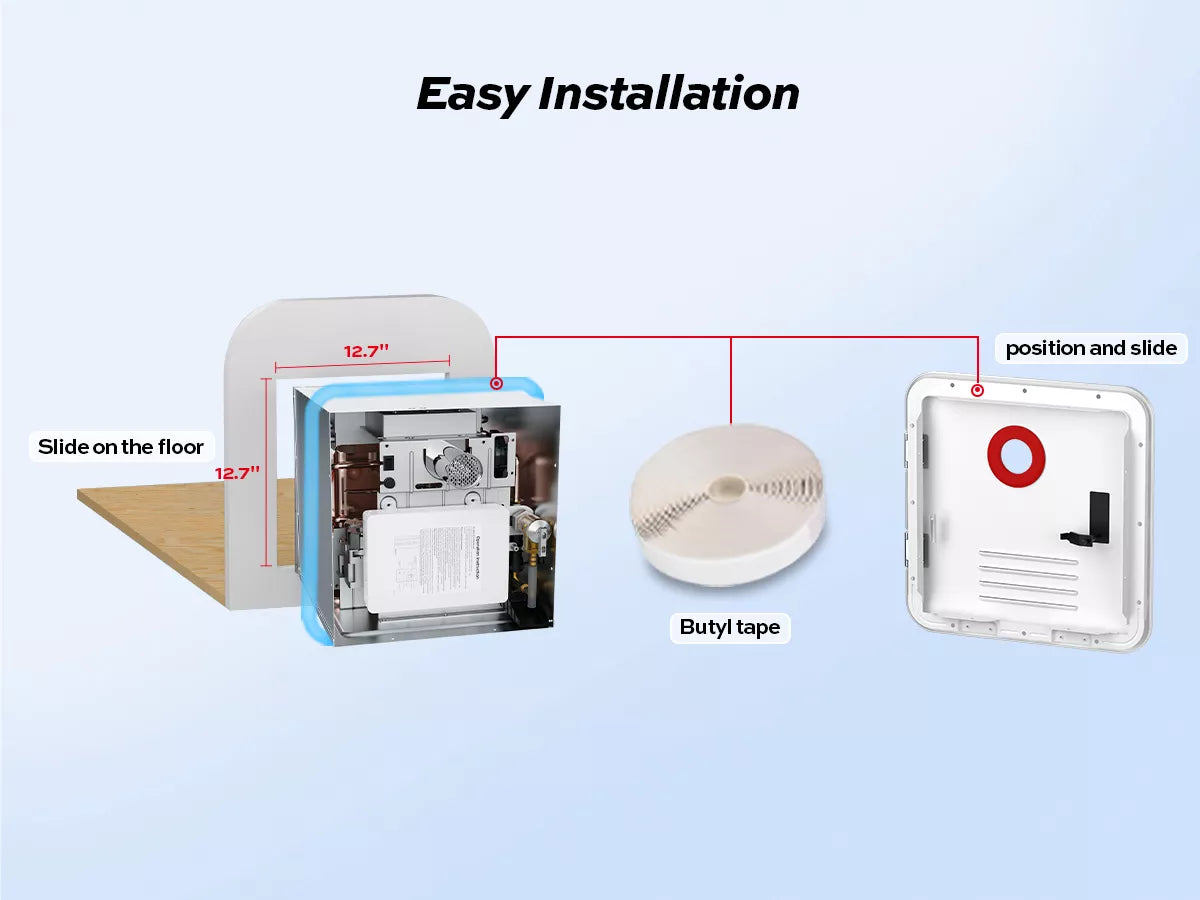 Fogatti tankless water heater features compact 12.7" size for simple RV installation.