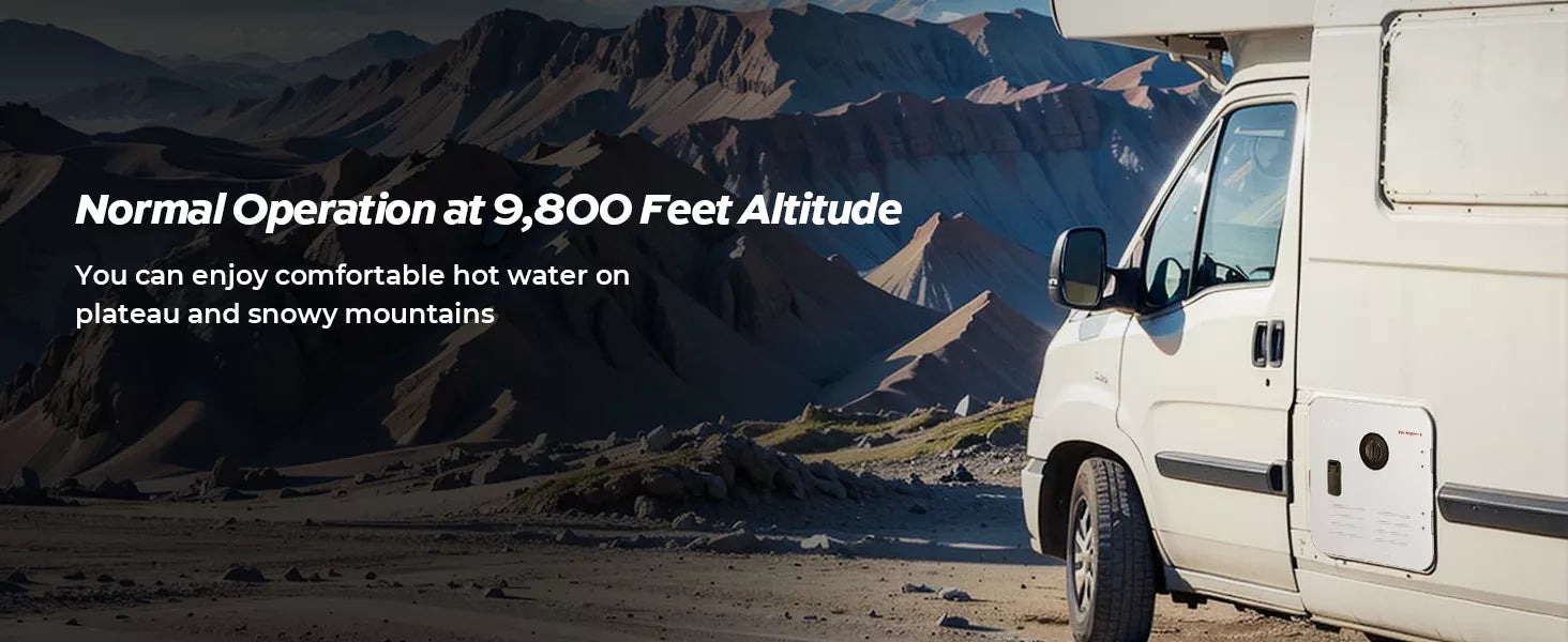 Fogatti InstaShower 7 RV tankless heater operates reliably at high altitudes up to 9,800 feet.