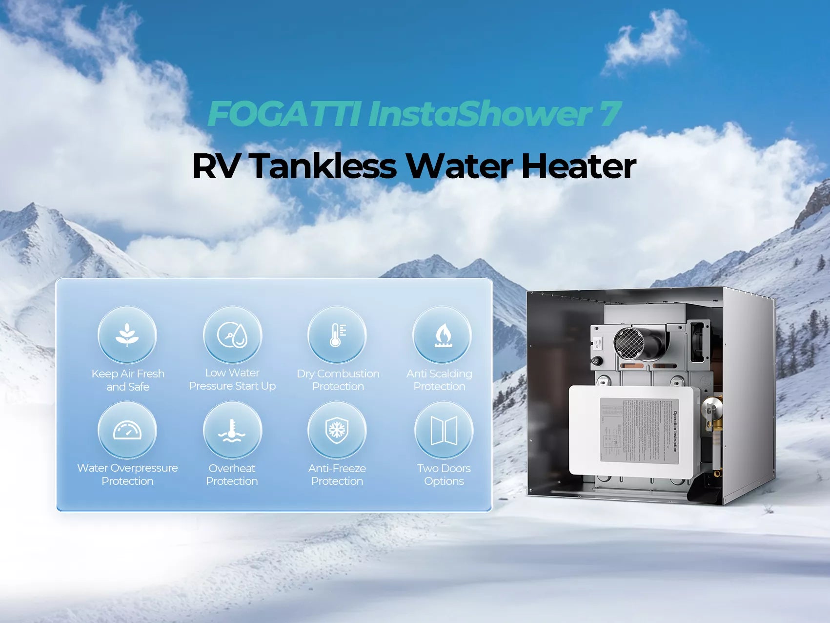 Fogatti 48K BTU RV water heater with dry combustion, anti-scald, and freeze protection.