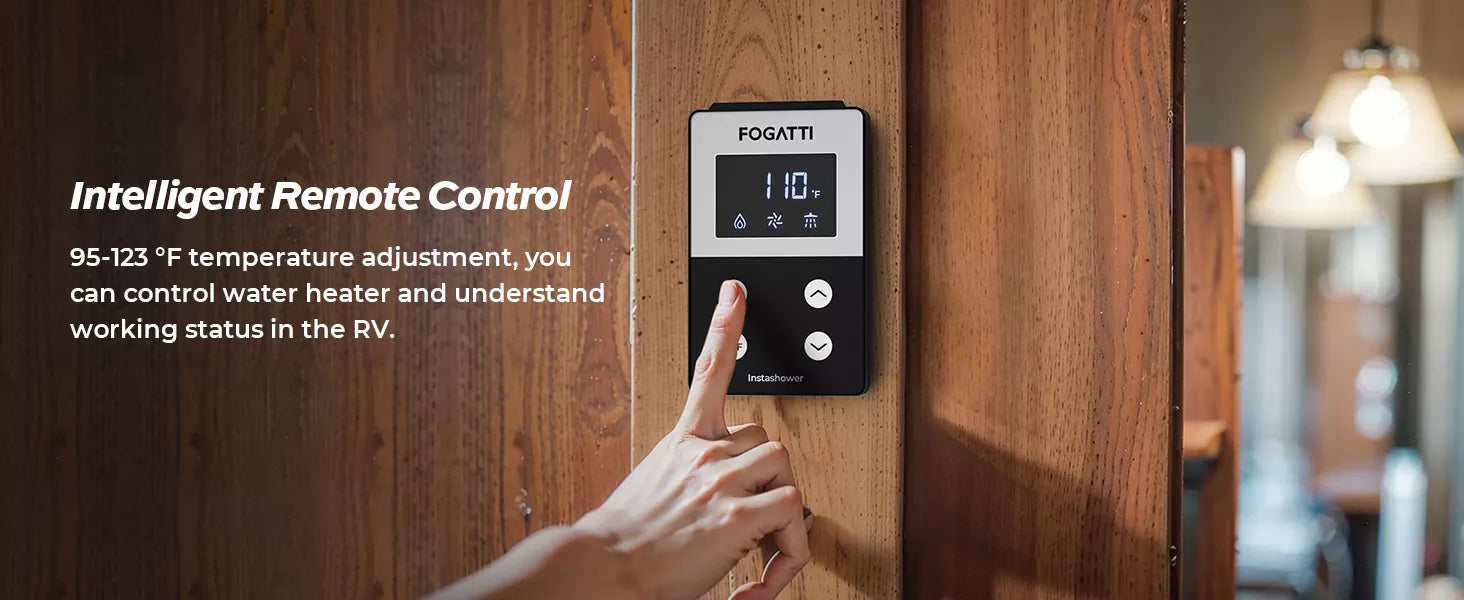 Fogatti InstaShower 7 RV heater with smart remote (95-123°F adjustable) and status monitoring.