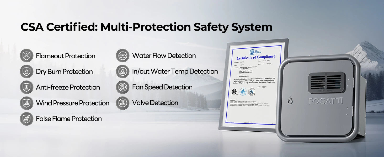 Fogatti Ultra RV tankless heater: CSA-certified with 9 safety protections including anti-freeze, dry burn, and flame detection.