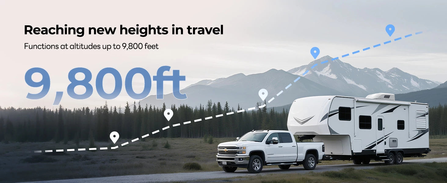Fogatti Ultra RV tankless water heater operates at high altitudes up to 9,800 feet for mountain travel.