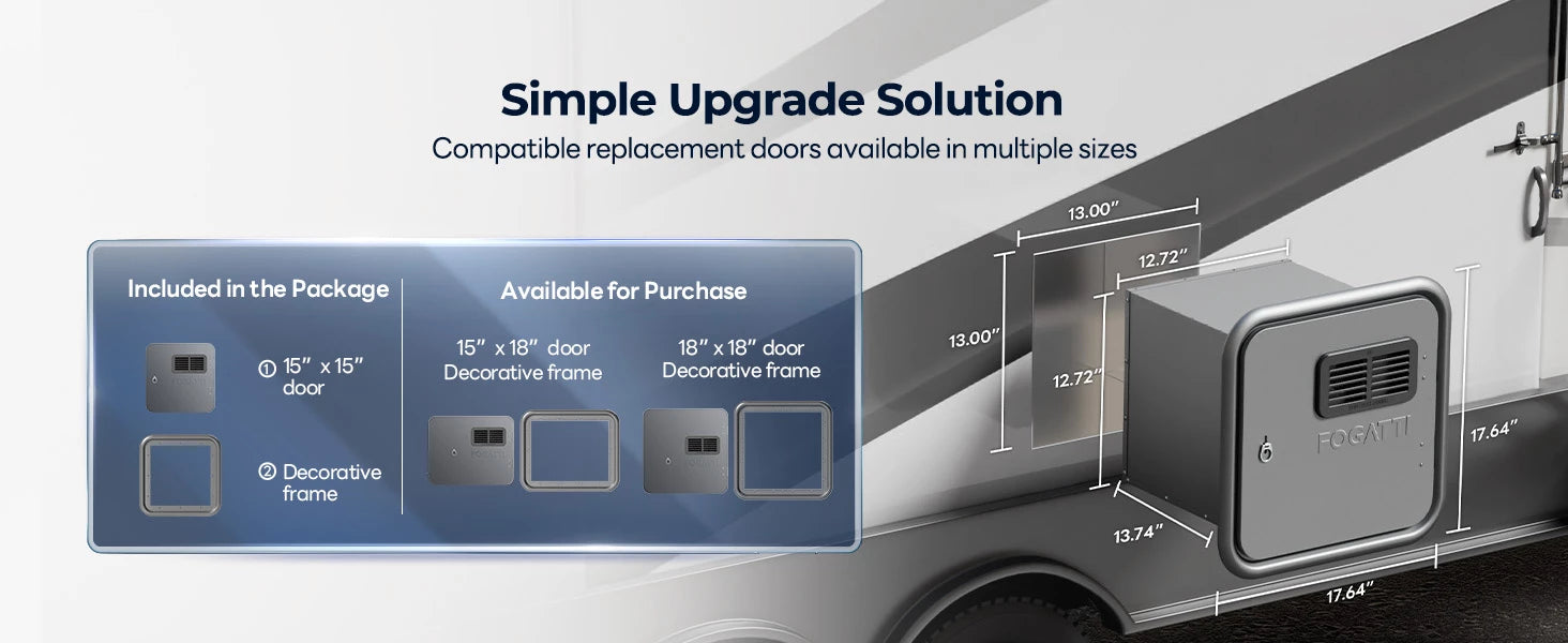Fogatti Ultra RV tankless heater includes 15x15" & 18x18" replacement doors with decorative frames for easy upgrades.
