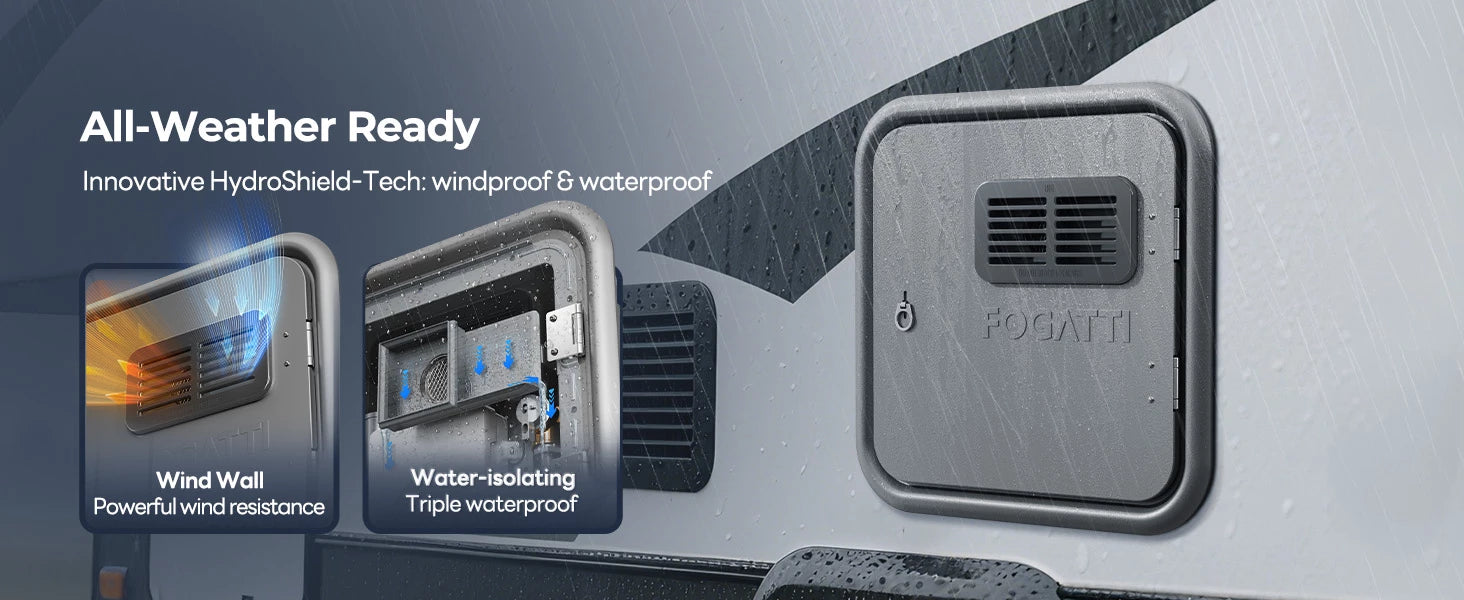 Fogatti Ultra RV tankless heater features HydroShield-Tech for all-weather use with windproof and triple waterproof protection.