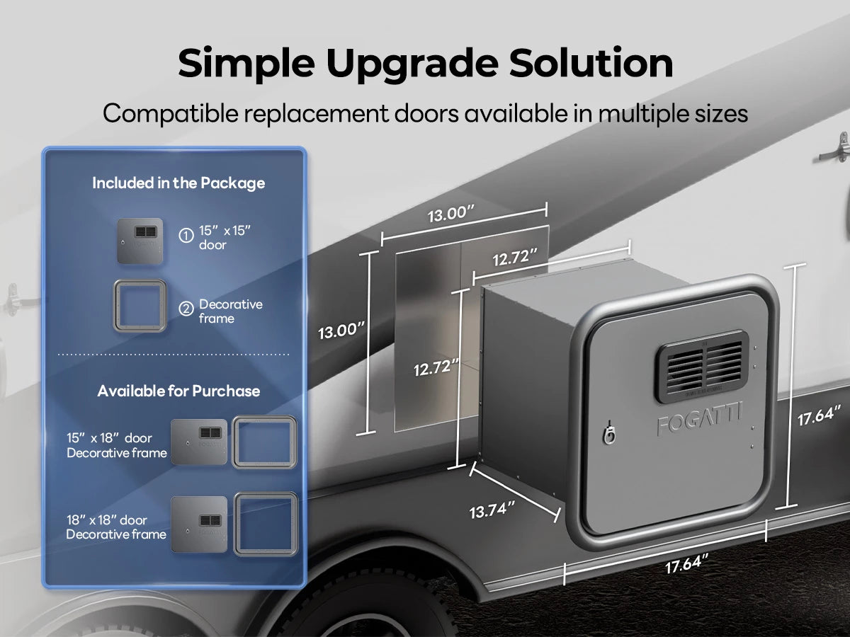 Fogatti Ultra heater offers multiple door sizes (15"-18") with frames for simple RV upgrades.