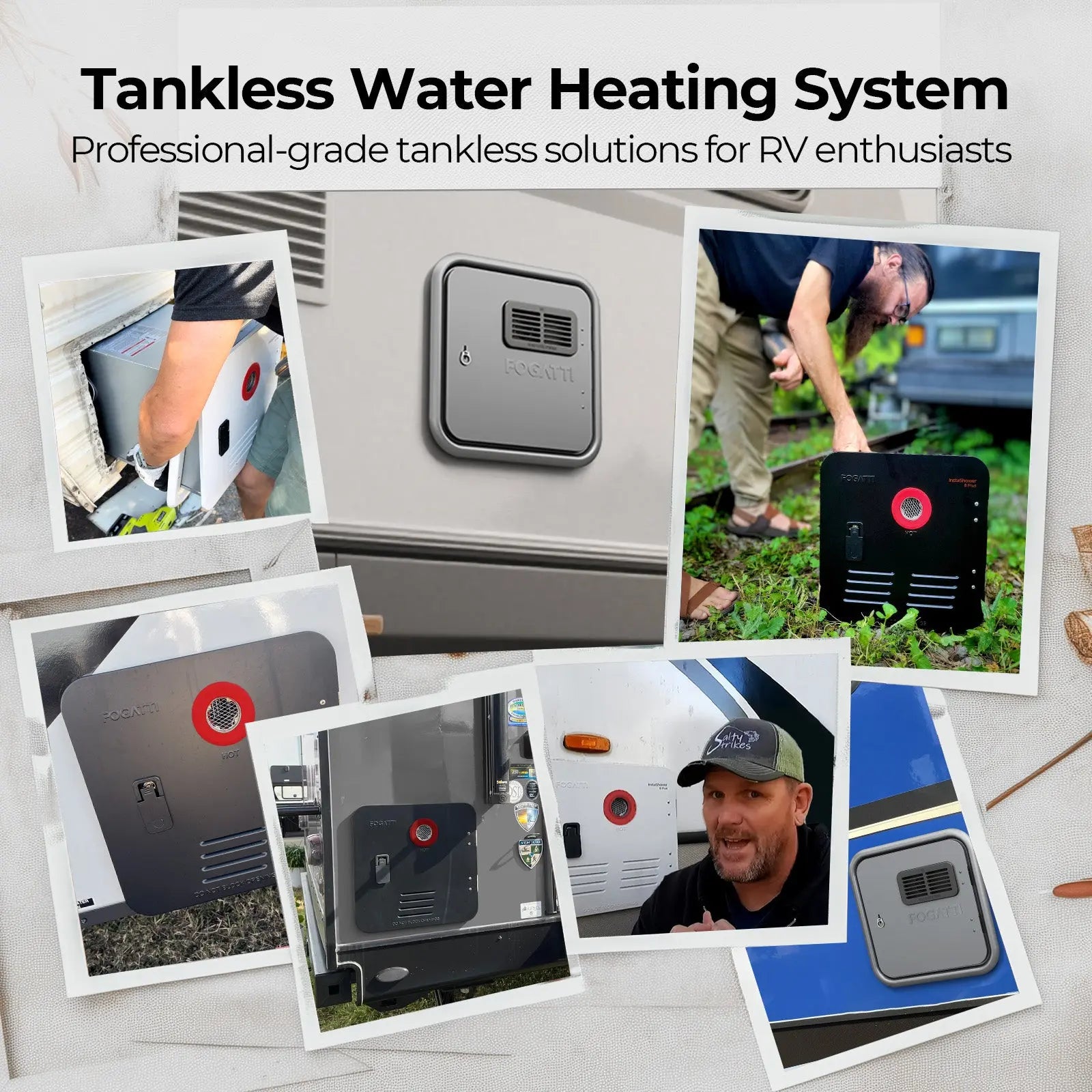 Fogatti InstaShower Ultra, 66,000 BTU, 0.5-3.9 GPM Propane RV Tankless Water Heater with Gray Door & Mixing Tank (Supreme Series)