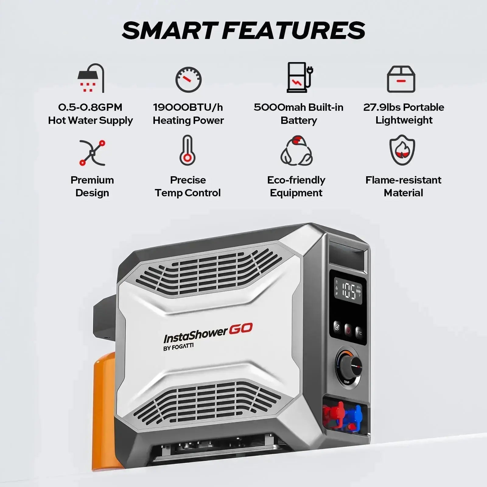 Fogatti InstaShower GO Outdoor Portable Water Heater with Water Pump, 19000BTU