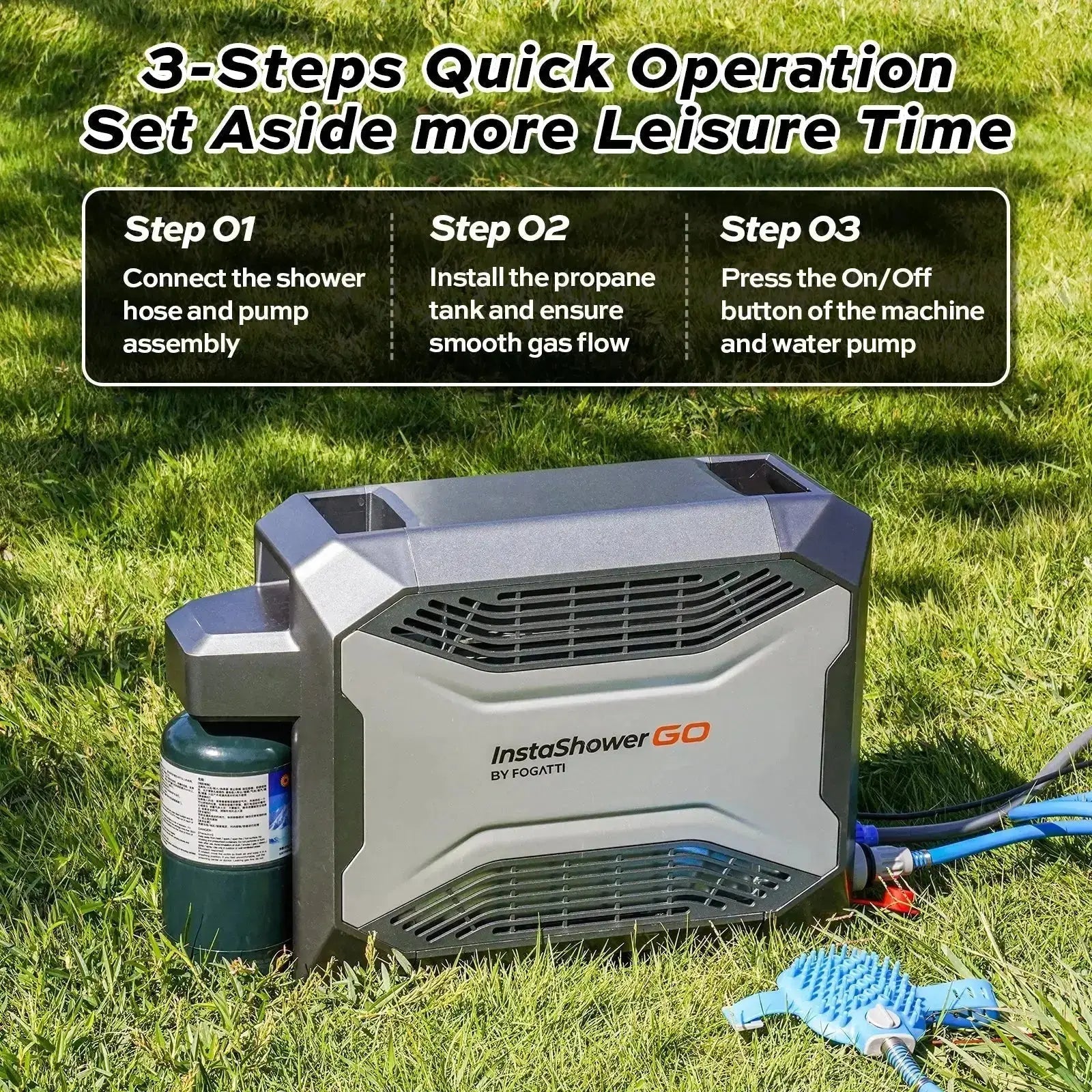 Fogatti InstaShower GO Outdoor Portable Propane Water Heater with Pump, 19000BTU