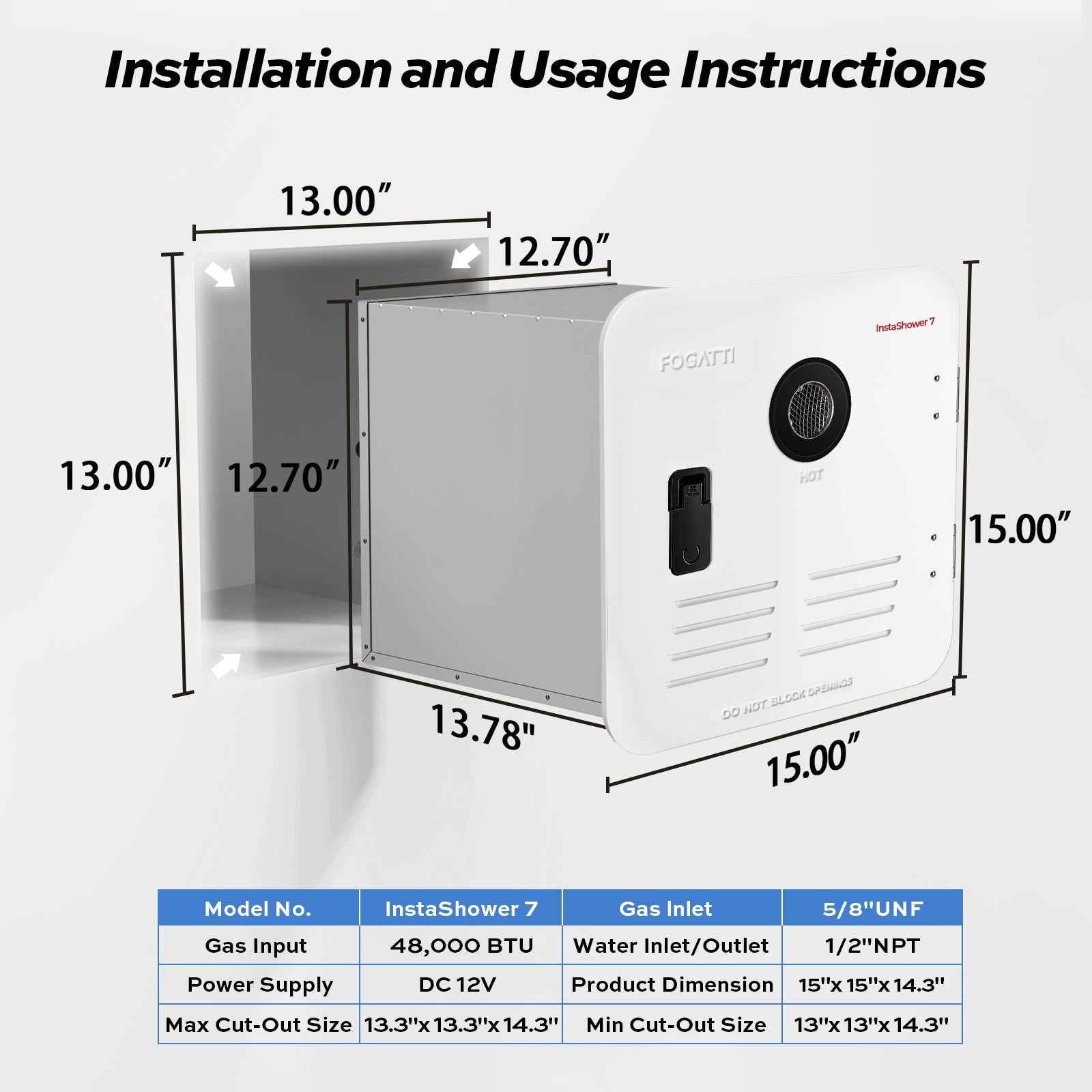 Fogatti InstaShower 7, 48,000 BTU RV Tankless Water Heater with Door