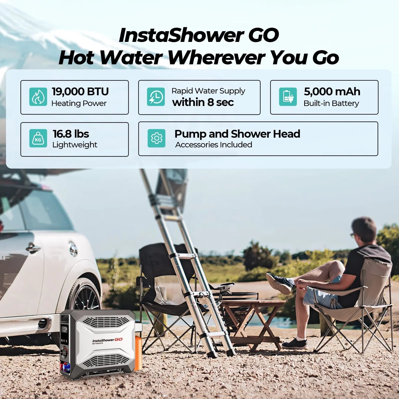 Fogatti InstaShower GO Outdoor Portable Propane Water Heater with Pump, 19000BTU