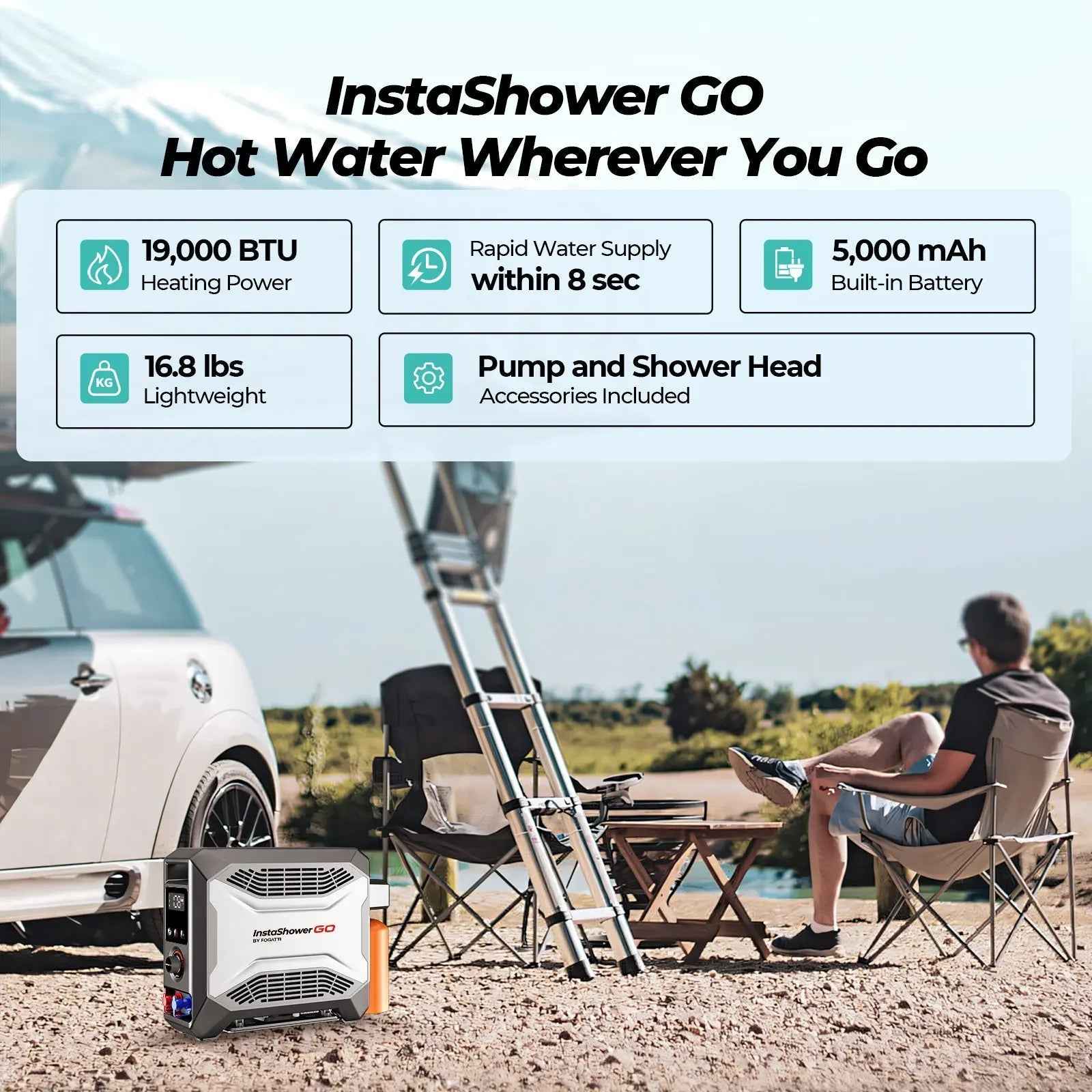 Open Box - Fogatti InstaShower GO Outdoor Portable Propane Water Heater with Pump, 19000BTU