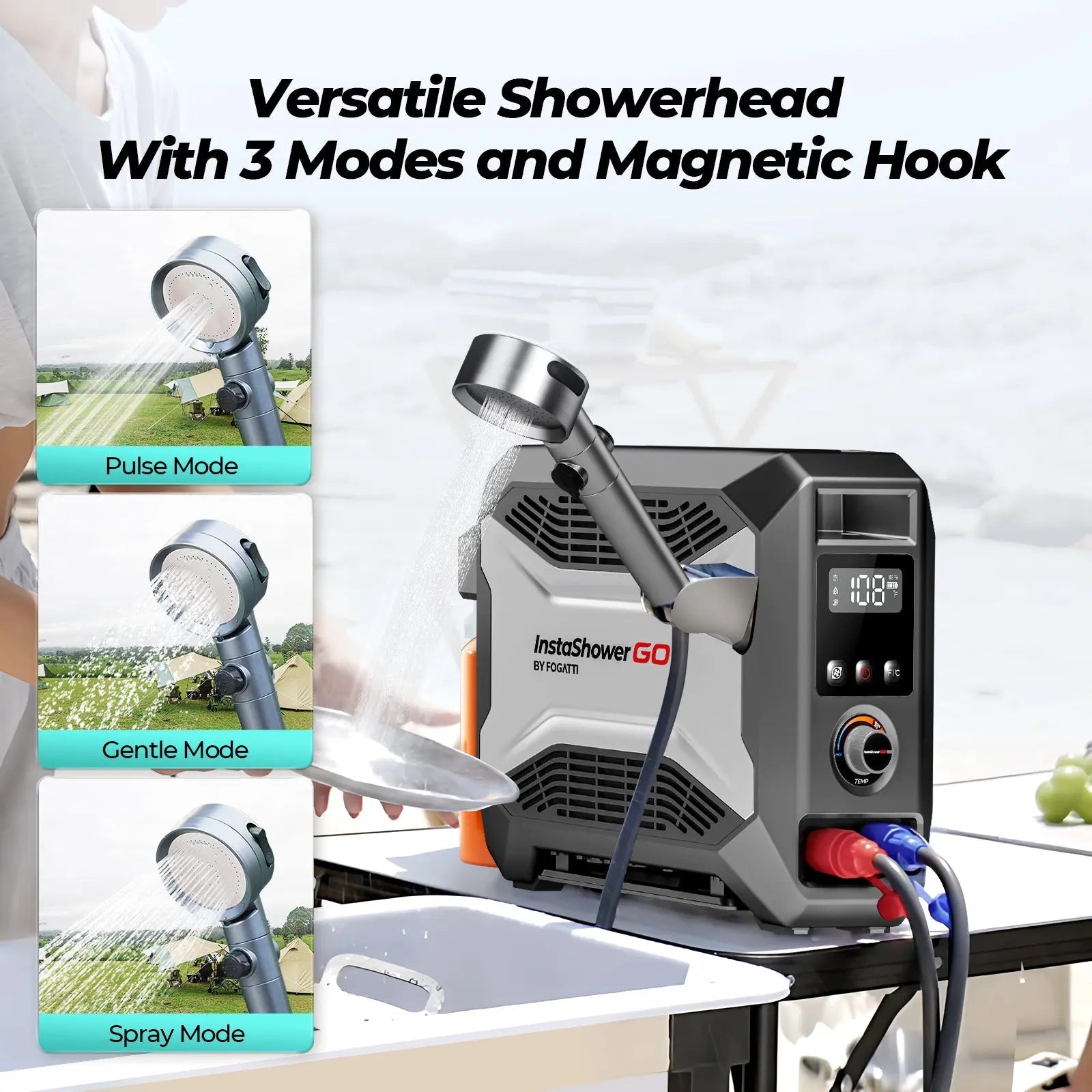 Fogatti InstaShower GO Outdoor Portable Propane Water Heater with Pump, 19000BTU