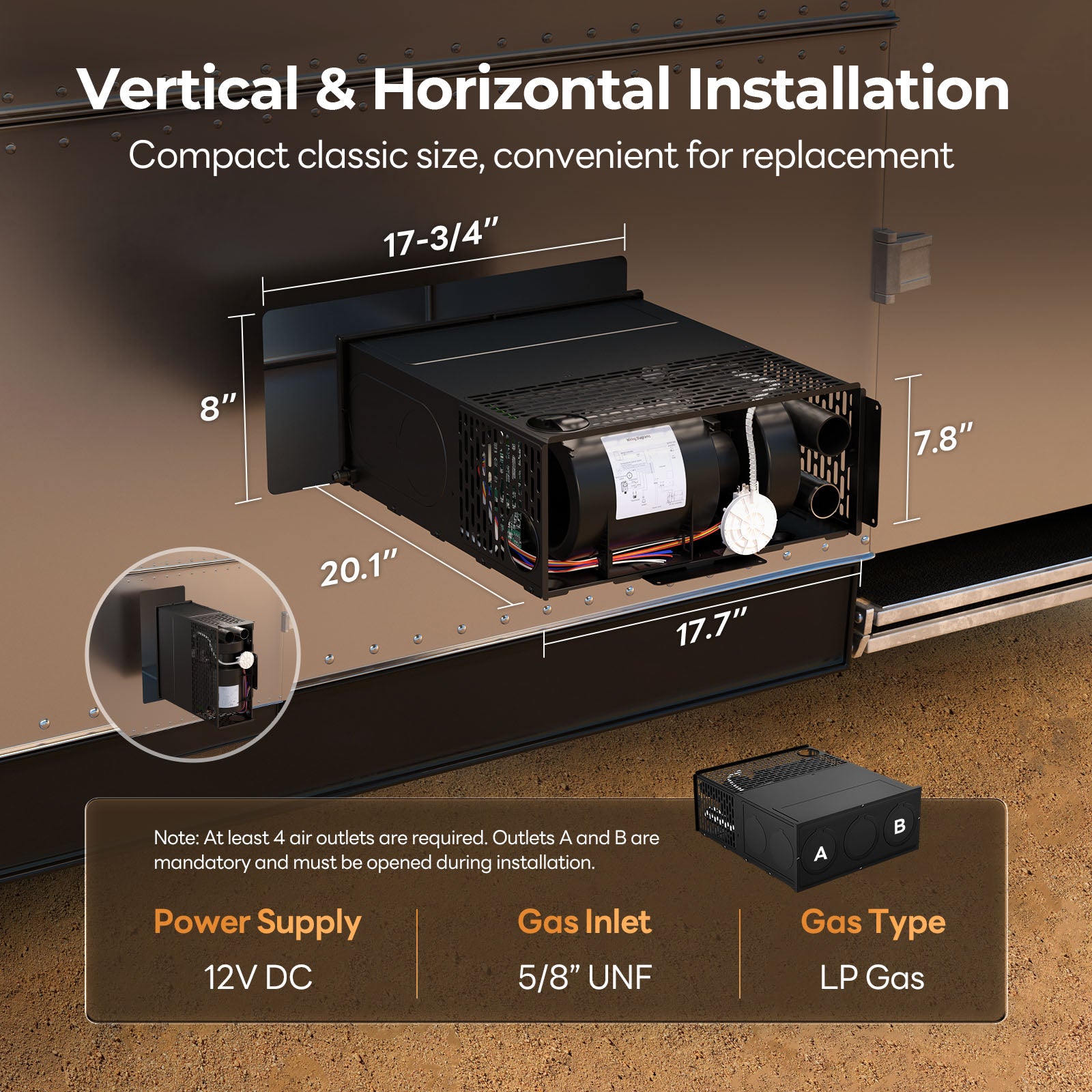 Fogatti InstaHeat 25K BTU RV Furnace, LP Gas Smart Triple Explosion-Proof, Easy Install