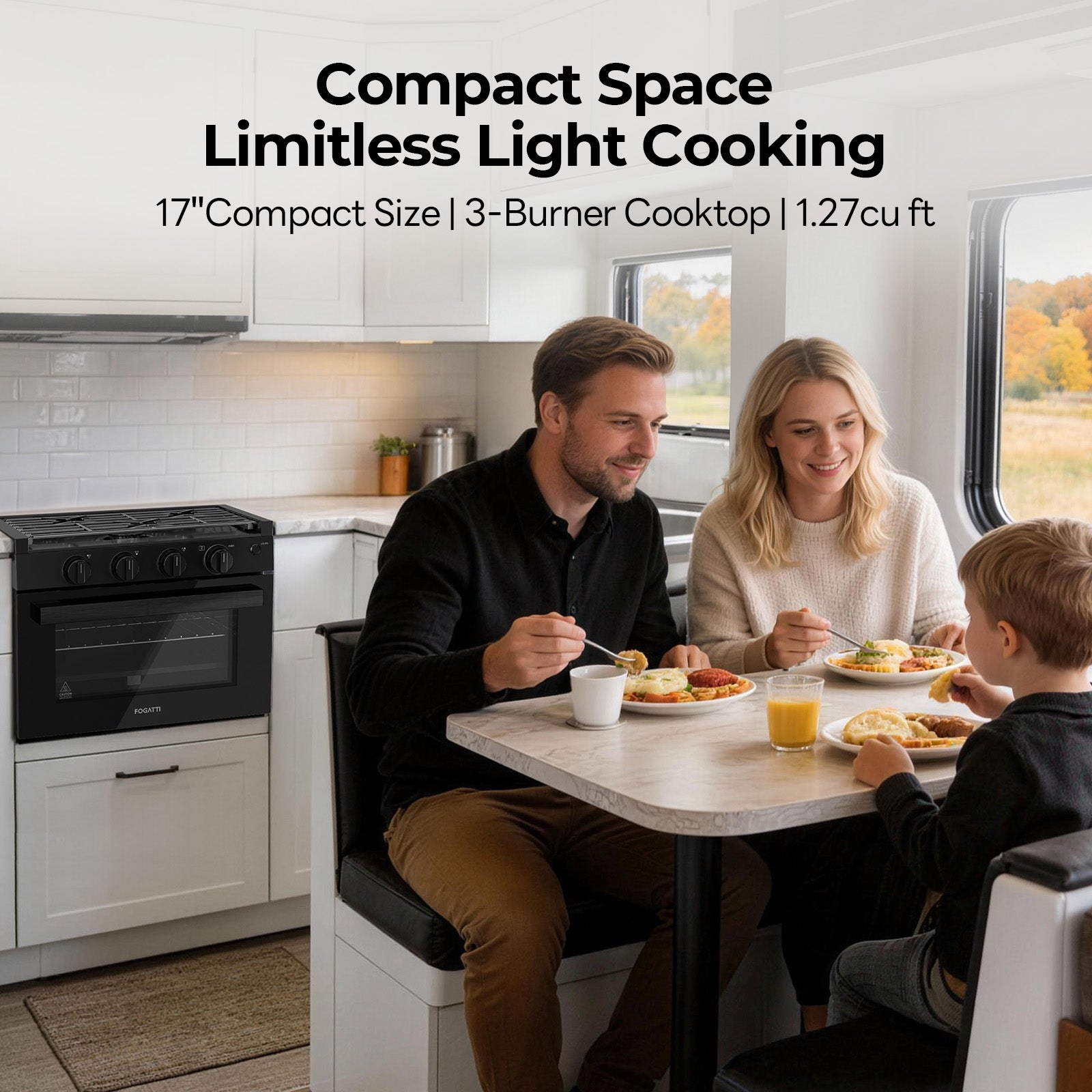 FOGATTI 17-Inch RV Oven Stove Combo, 3 Burner Propane Gas Range for Travel Trailer & Camper