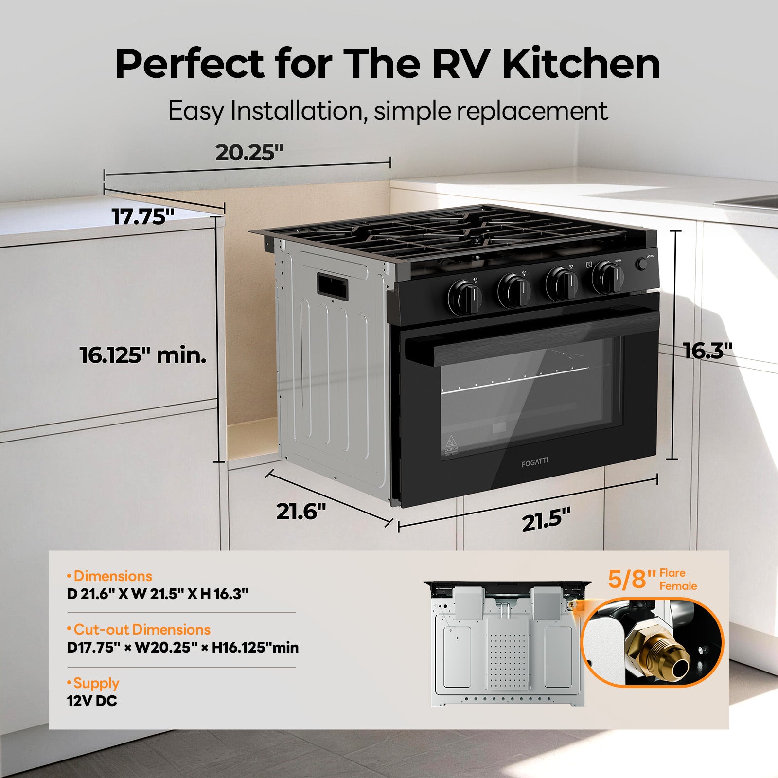 FOGATTI 17-Inch RV Oven Stove Combo, 3 Burner Propane Gas Range for Travel Trailer & Camper