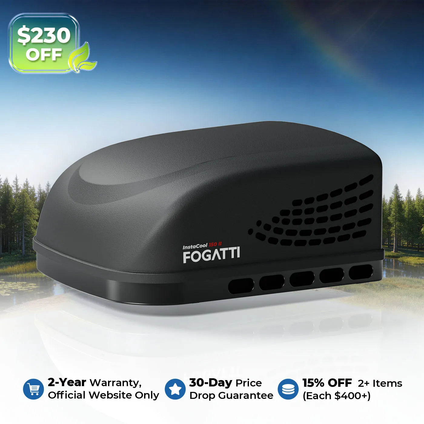 Fogatti InstaCool 15,000 BTU RV Rooftop Air Conditioner | Fast Cool | Replaceable Ducted/Non-Ducted RV AC | 115V(AC)
