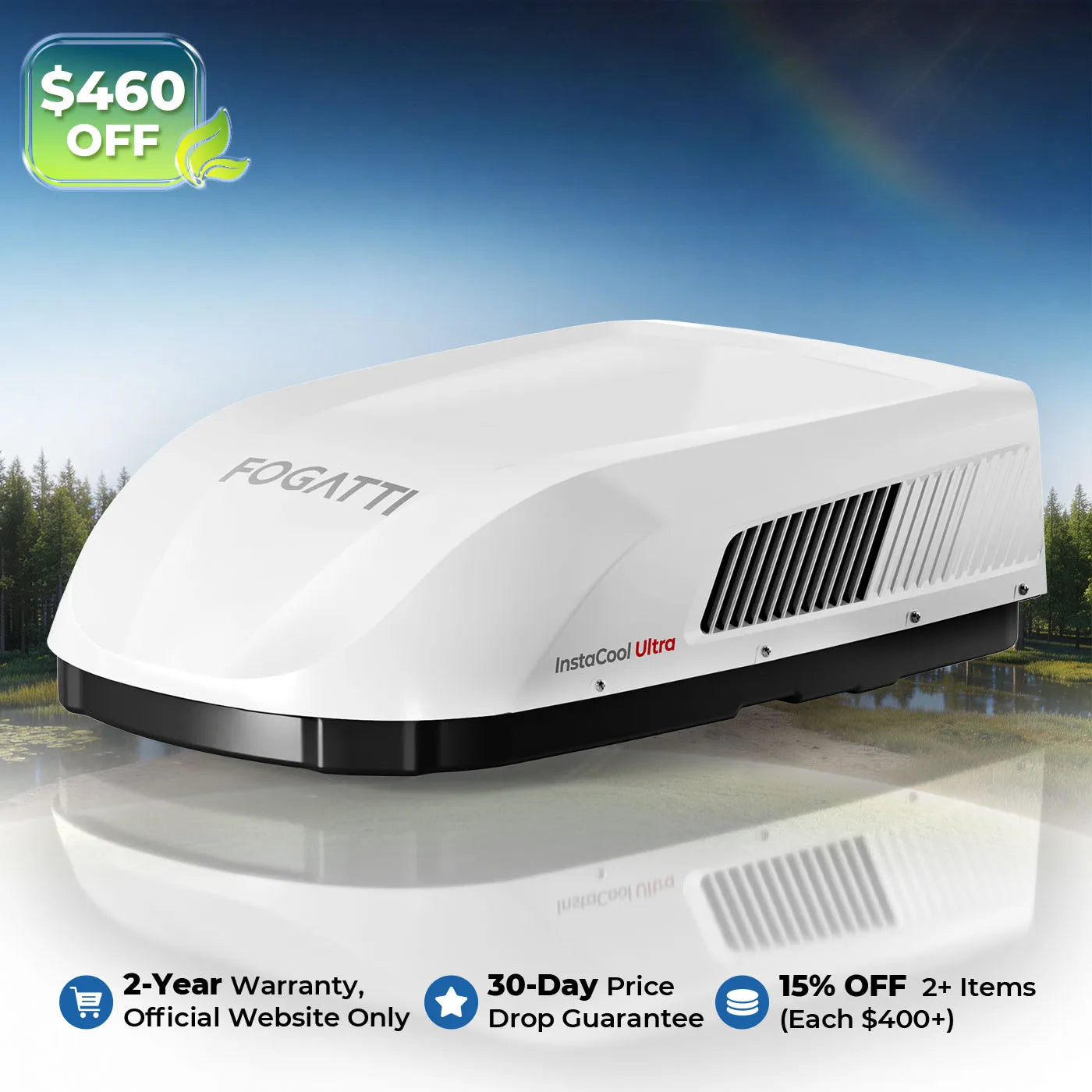 Fogatti InstaCool Ultra Rooftop RV Air Conditioner with Heat Pump | 16,000 BTU Cooling with 12,500 Heating | Non-Ducted