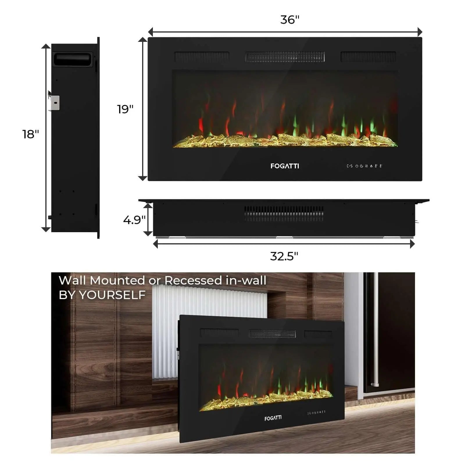 36 Inches RV Electric Fireplace - Dimension Information