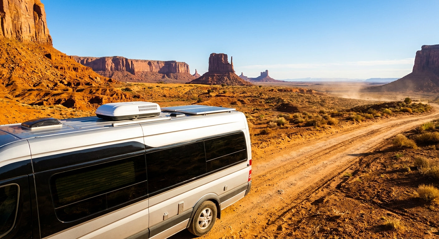 A modern RV parked in a sunny desert landscape with red rock formations, its rooftop air conditioning unit visible against a bright blue sky.