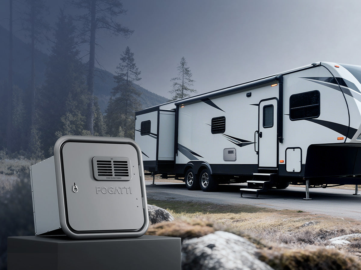 A modern RV glowing warmly from within, parked at a remote wilderness campsite during golden hour with steam rising near an exterior utility panel.