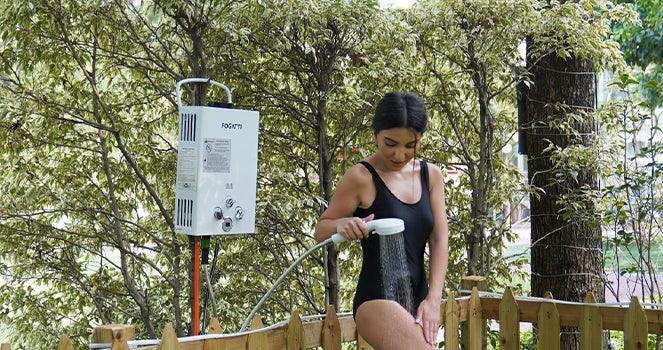 Fogatti Portable Water Heater being used as a shower