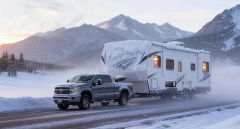 Large fifth wheel RV parked in a snowy winter landscape with FOGATTI RV furnace heating setup