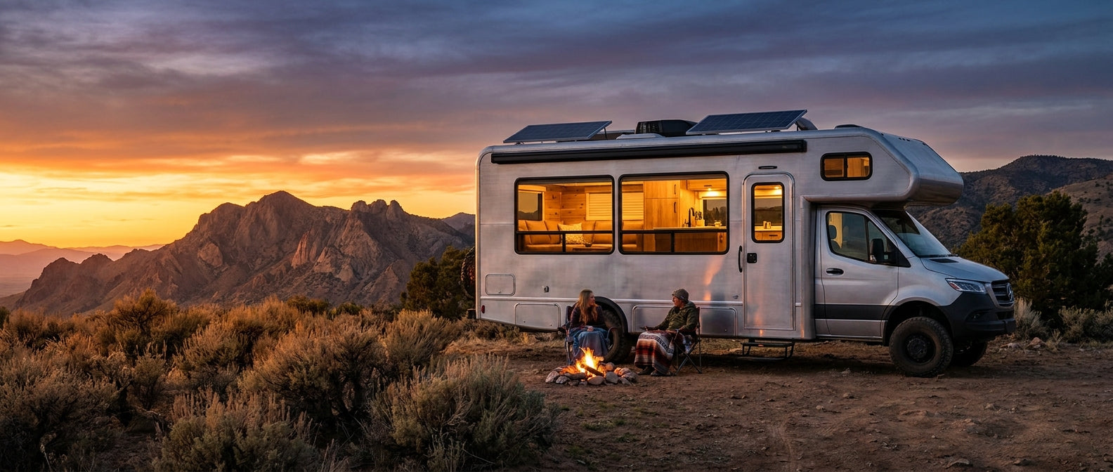 A modern RV glowing warmly from within, parked at a scenic mountain campsite during golden hour with a dramatic sky overhead.