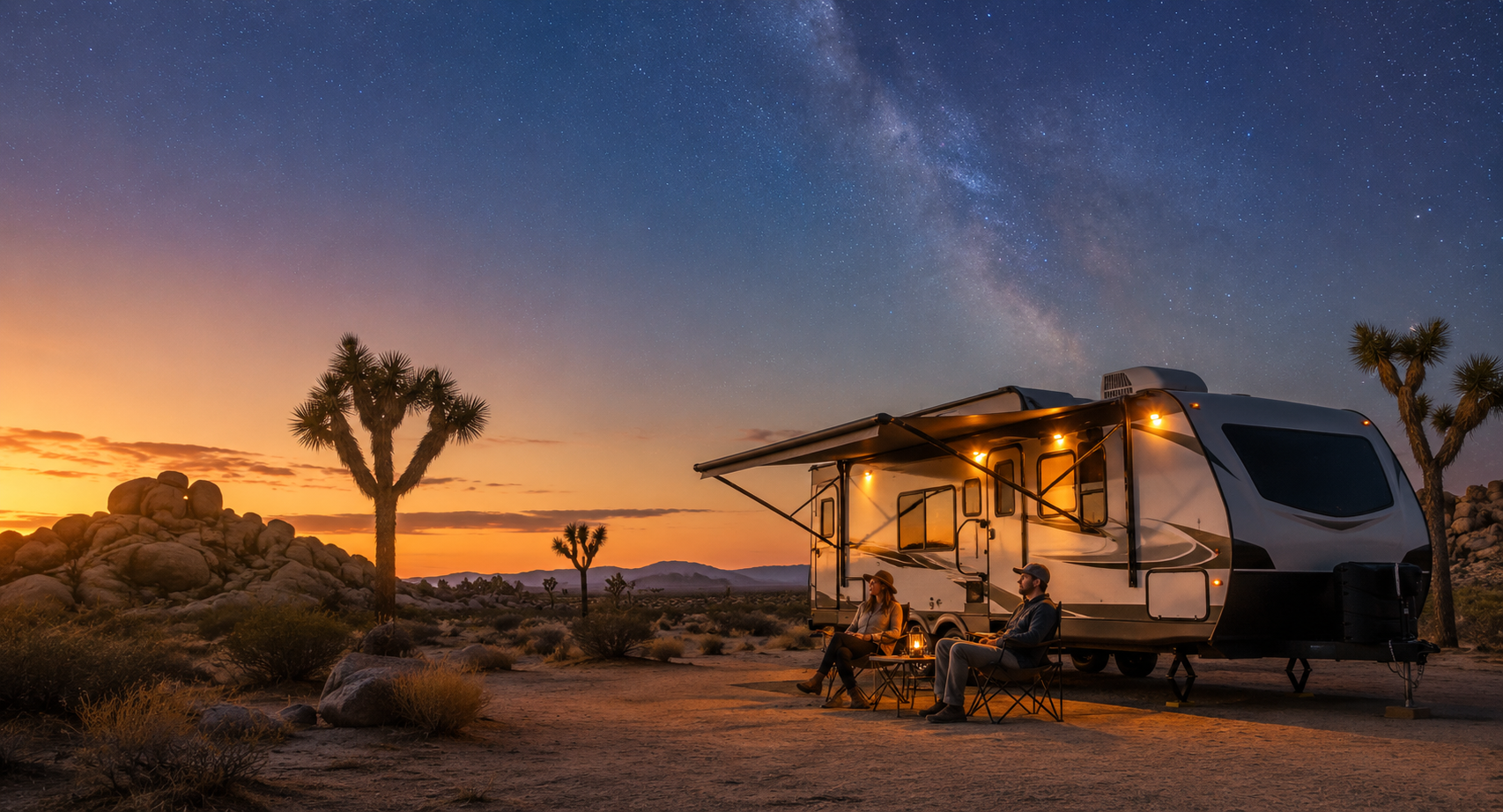 RV road trip through Joshua Tree National Park with a camper surrounded by desert landscape under a starry sky